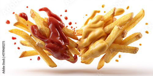Appetizing french fries with ketchup and cheese sauce, a delicious and unhealthy fast food snack, perfect for satisfying cravings and indulging in comfort food