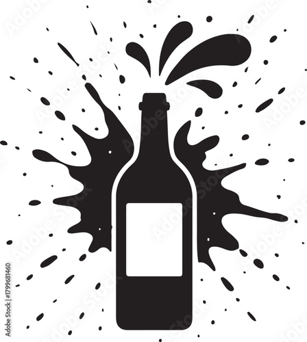 bottle with an explosive liquid splash A dynamic black silhouette illustration of a beverage , perfect for celebratory and party designs. isolated on white background, Vector, illustration