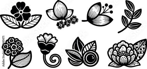 Hand-drawn black and white floral vector set with leaves and berries for decorative design elements