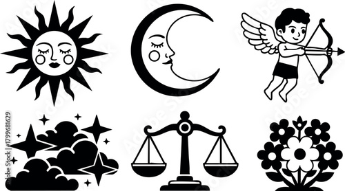 Sun moon cupid scales flowers vector icons set with black silhouette design for astrology and love themes