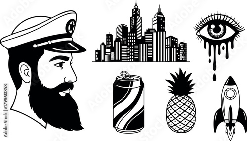 Bearded man in captain hat with city skyline pineapple rocket eye and soda can vector illustrations collection