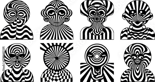 Abstract black and white striped heads with optical illusion patterns in vector style for design and creativity inspiration
