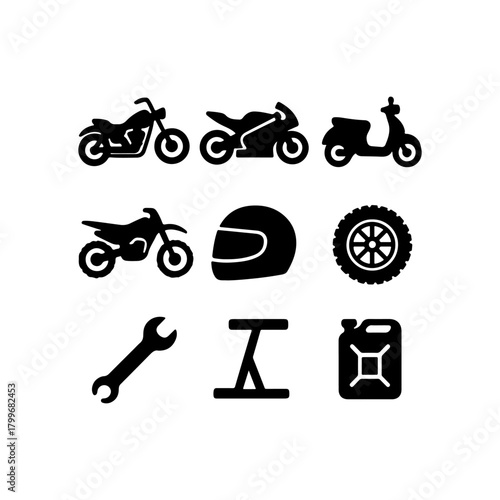 Motorcycle and scooter icons with tools and accessories