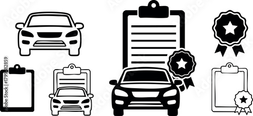 Car certificate icons with award badge and clipboard set for vehicle inspection and approval vector illustration