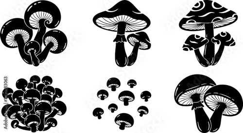 Black silhouette mushrooms set with different shapes and sizes in vector design for nature and food concepts