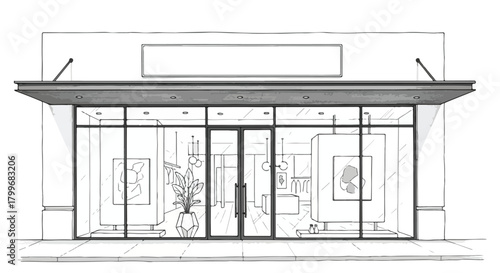 Clean architectural storefront sketch with flat awning, wide glass entrance, minimalist framing, and organized modern boutique commercial appearance.