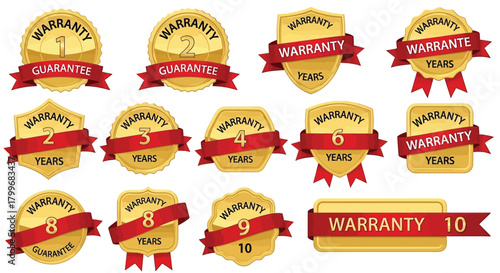 Set of golden warranty badges with red ribbons illustration of guarantee labels product assurance isolated on white background