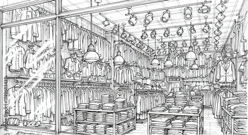 Detailed architectural interior sketch of a market-style retail space with hanging lights, merchandise racks, dense product display, and lively commercial arrangement.
