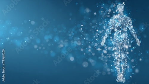 Digital human body with glowing network connections on a blue background representing science technology and medical innovation