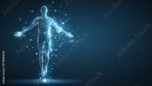 Digital human figure with glowing particles and connected lines representing technology ai and futuristic concepts on a dark blue background