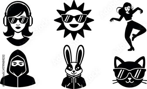 Cool hipster icons set with sun, woman, ninja, rabbit, cat and dancer in sunglasses and headphones vector illustration