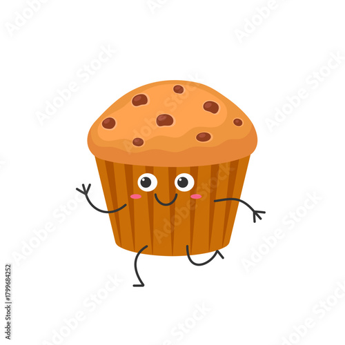 Muffin cute cartoon character runs, sweet baked goods, pastry, smile face kawaii joy happy emotions icon vector illustration.