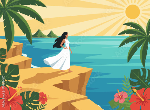 Woman Standing on Cliff Overlooking Blue Ocean View – Freedom Travel Vector background