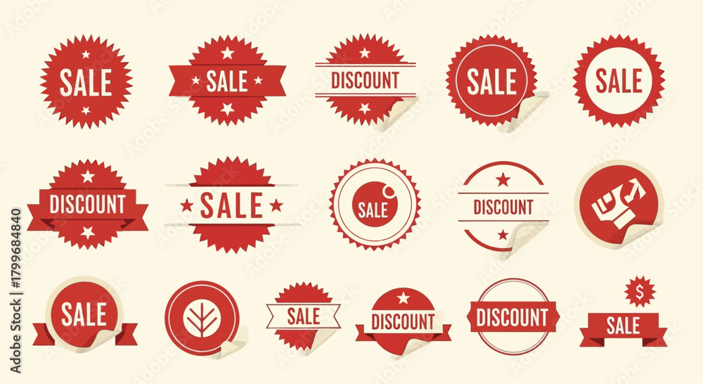 Obraz premium Set of red sale and discount stickers vintage style badges marketing promotions isolated on white background