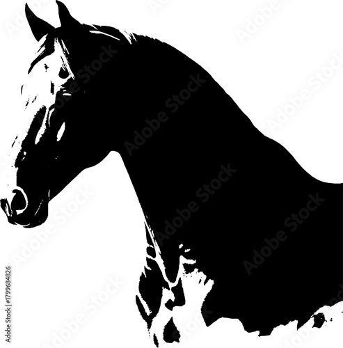 A dynamic black silhouette of a horse  exuding grace and strength against a clean white backdrop
