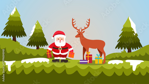 santa and reindeer celebrating christmas with gifts in snowy hills