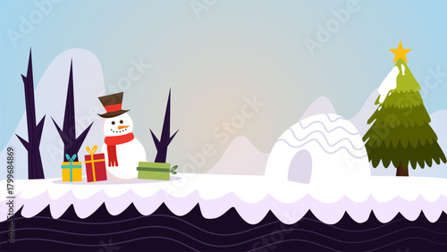 snowman and igloo scene with gifts trees and cold winter sky