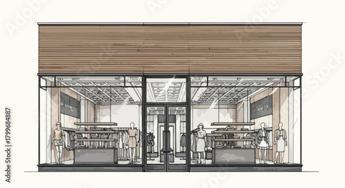 Architectural sketch of a modern café interior with wood panel facade, open seating layout, transparent glazing, and clean contemporary material expression.