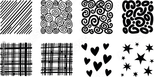 Abstract black and white seamless pattern set with stripes swirls hearts and stars for creative design and decoration vector collection
