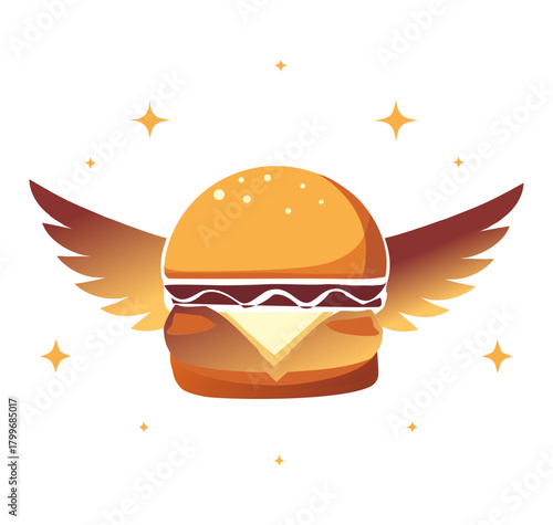Winged burger with golden feather wings flat design food icon