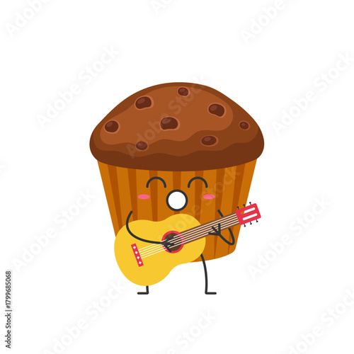 Muffin cute cartoon character, plays the guitar and sings, sweet baked goods, pastry, smile face kawaii joy happy emotions icon vector illustration.