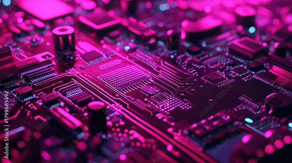 Obraz premium Electronic circuit board glowing under pink neon light