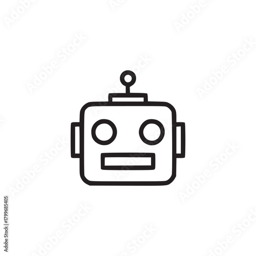 Simple line drawing of a robot head with square shape and antenna on a plain white background view