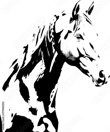A dynamic black silhouette of a horse  exuding grace and strength against a clean white backdrop