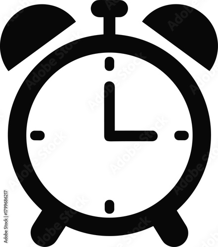 Black alarm clock icon with hands pointing to 3 oclock time symbol