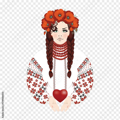 Beautiful brunette in Ukrainian embroidered dress with braided hair and wreath of red poppies releases a heart with wings. Vector (EPS) illustration, isolated on transparent background