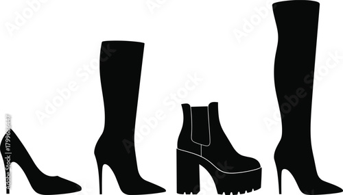 Black silhouette collection of women's footwear including high heel pump knee high boots platform boot and thigh high boots