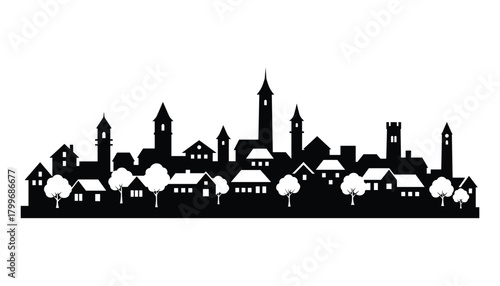 Black silhouette of a European town skyline with church towers and houses city architecture