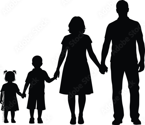Black silhouette of a family holding hands on a white background father mother