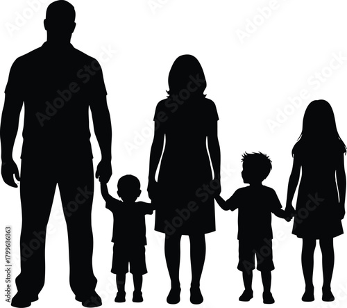 Black silhouette of a family with two parents and three children holding hands white background