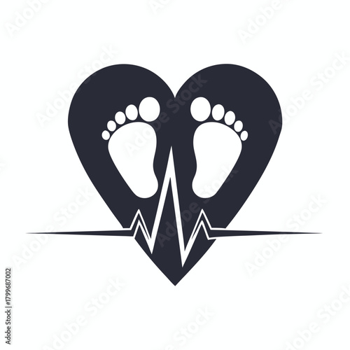 Heartbeat design shows baby footprints inside a heart shape forming a unique medical symbol