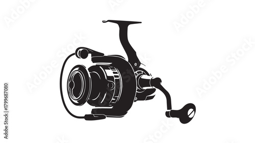 Detailed black and white illustration of a fishing reel perfect for angling designs, fishing blogs, or outdoor adventure promotions showcasing recreation and fishing equipment