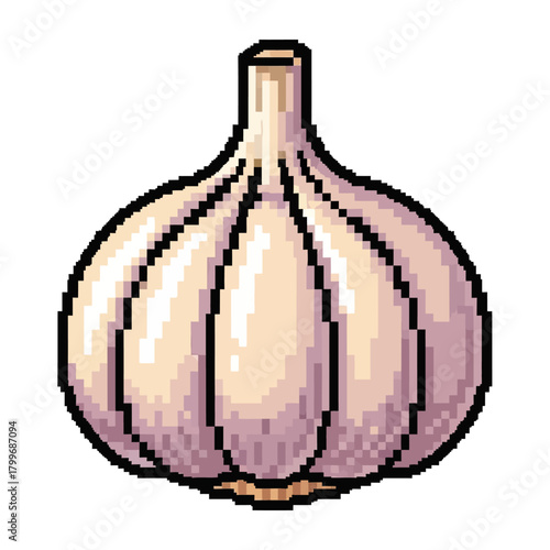 Pixel art illustration of a whole garlic bulb, a classic ingredient in many cuisines and a staple in kitchens worldwide for its aromatic flavor and health benefits