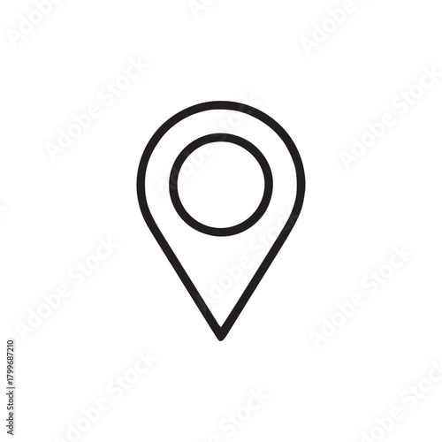 A simple black and white image of a location pin icon centered on a plain white background surface