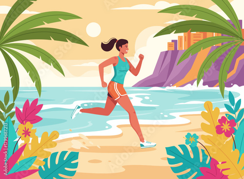 Running on Beach Background – Woman Jogging Near Ocean Coast Vector