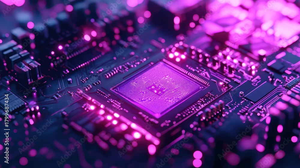 Fototapeta premium Computer processor unit working on circuit board with neon purple light
