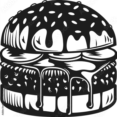 illustration showcases a tasty, dripping black and white burger, tempting with its delicious appearance