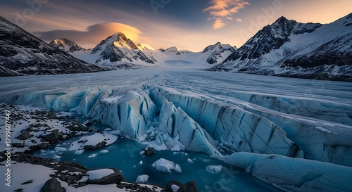 Majestic Glacier Landscape at Sunset with Snow-Capped Mountains and Turquoise Water.