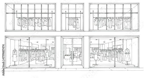 Architectural elevation sketch of a multi-level retail building with symmetrical window grids, clean facade framing, and organized boutique display arrangements.