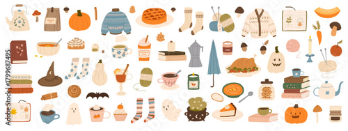 Big set of hand drawn cozy autumn elements. Cute sweater, knitting, candles, hot drink, pie, pumpkin spice latte, leaves. Comfortable lifestyle, winter and autumn mood. Vector flat illustration.