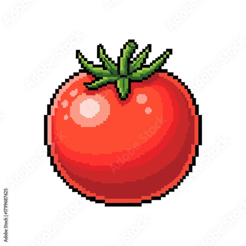 Vibrant retro pixel art tomato icon, a digital illustration capturing the essence of fresh garden produce, perfect for nostalgic game assets, healthy food designs, or vintage culinary themes