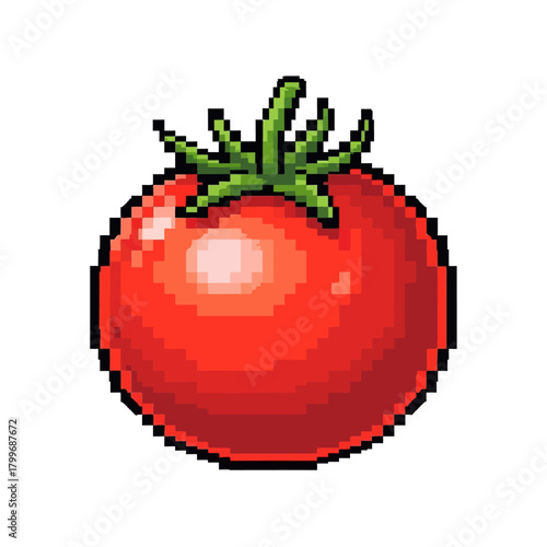 Vibrant pixel art illustration of a ripe red tomato with a green stem, symbolizing freshness and healthy eating. Ideal for retro game assets, digital culinary themes, or farm design projects