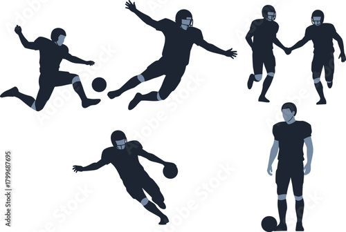 Collection of American football player silhouettes in various action poses sport