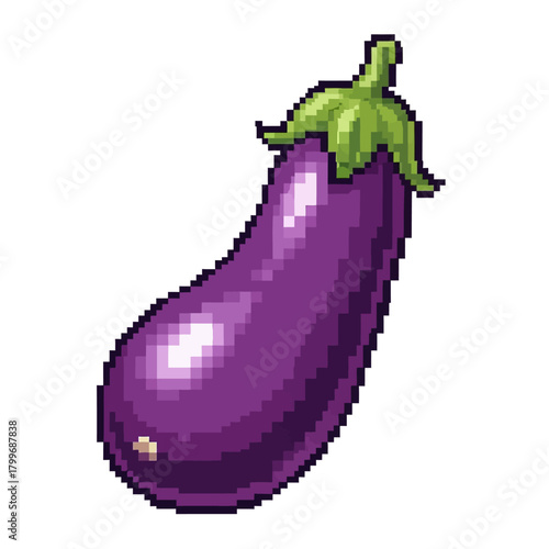 Vibrant purple pixel art eggplant illustration, a charming retro vegetable icon perfect for old-school game design, healthy eating apps, or digital food-themed content creation