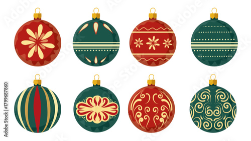 Decorative Christmas ornaments arranged beautifully with colorful detailed festive patterns
