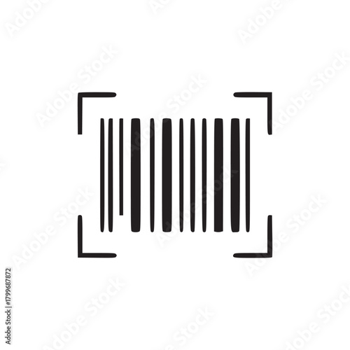 A simple black and white image of a barcode surrounded by a square bracket like scanner on white
